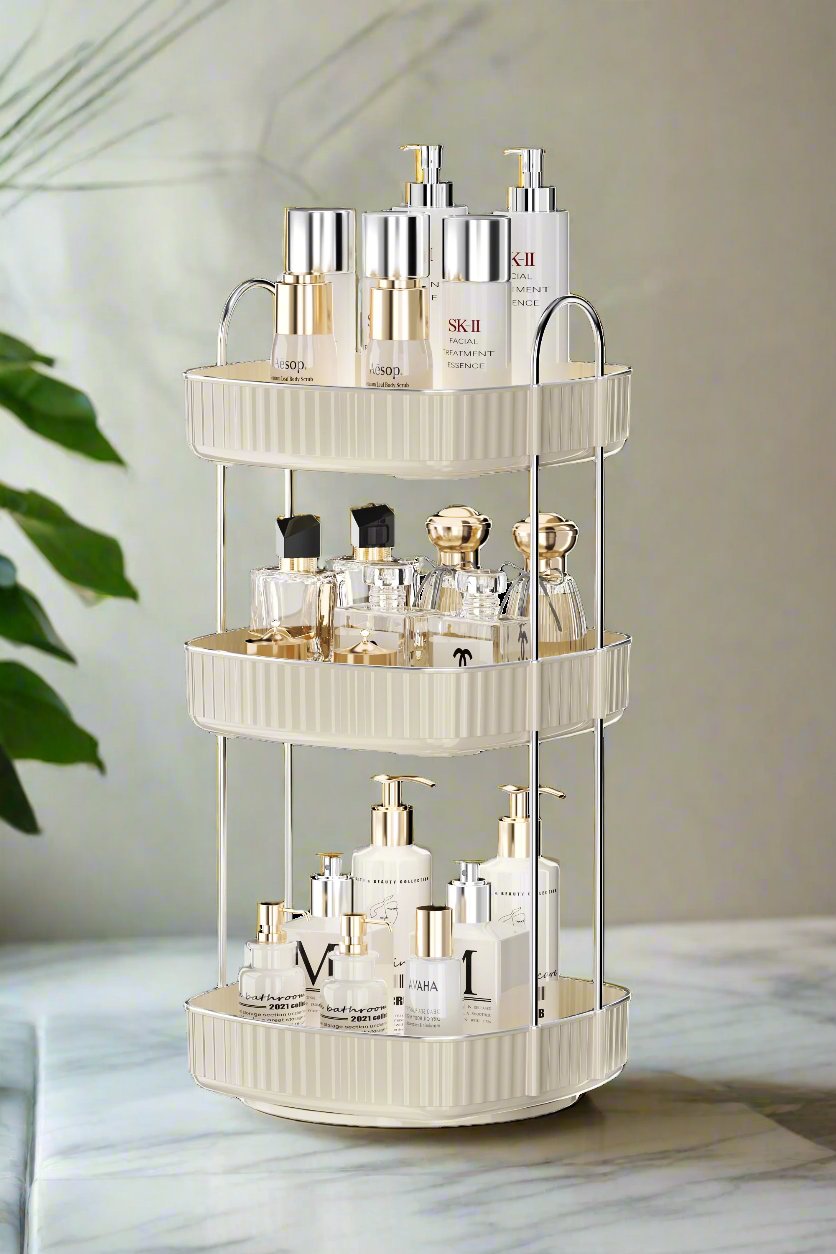 Three Tier Square Rotating Makeup Organiser - Cream