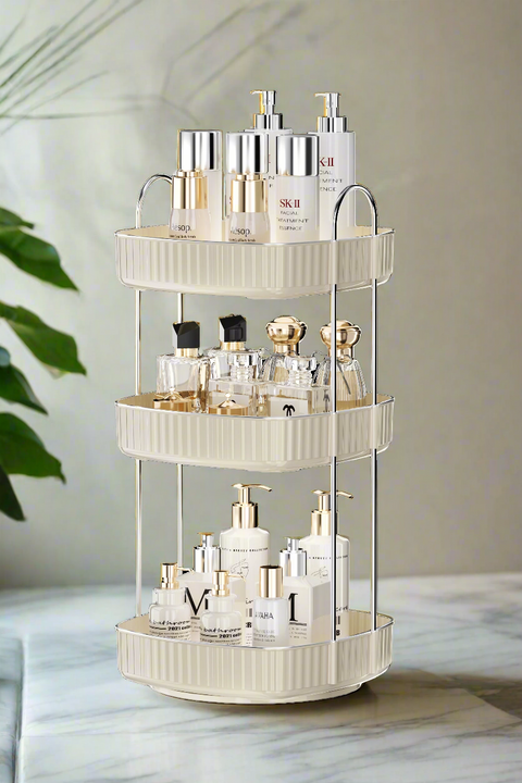 Three Tier Square Rotating Makeup Organiser - Cream