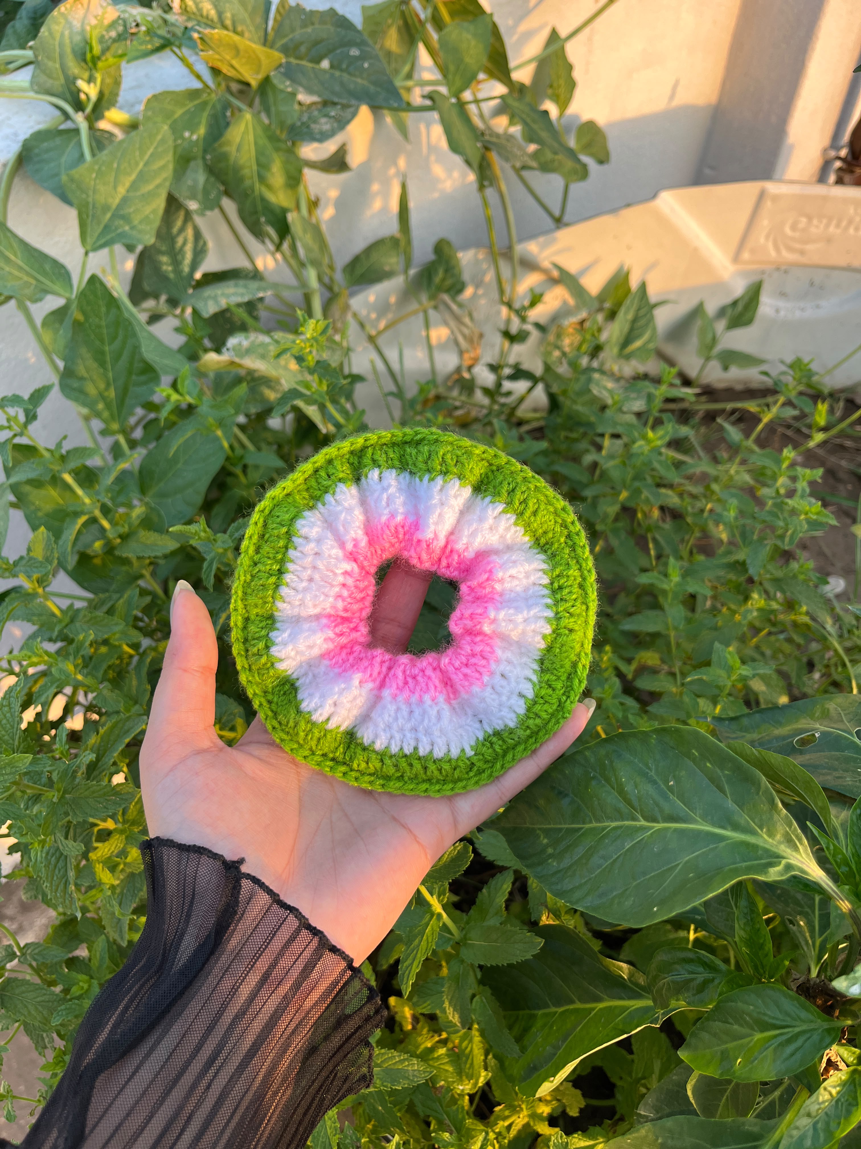 Handmade Kiwi Fruit Crochet Scrunchie – Cute Pink and Green Watermelon / Kiwi Style Hair Accessory – Crochet Hair Tie Gift for Her