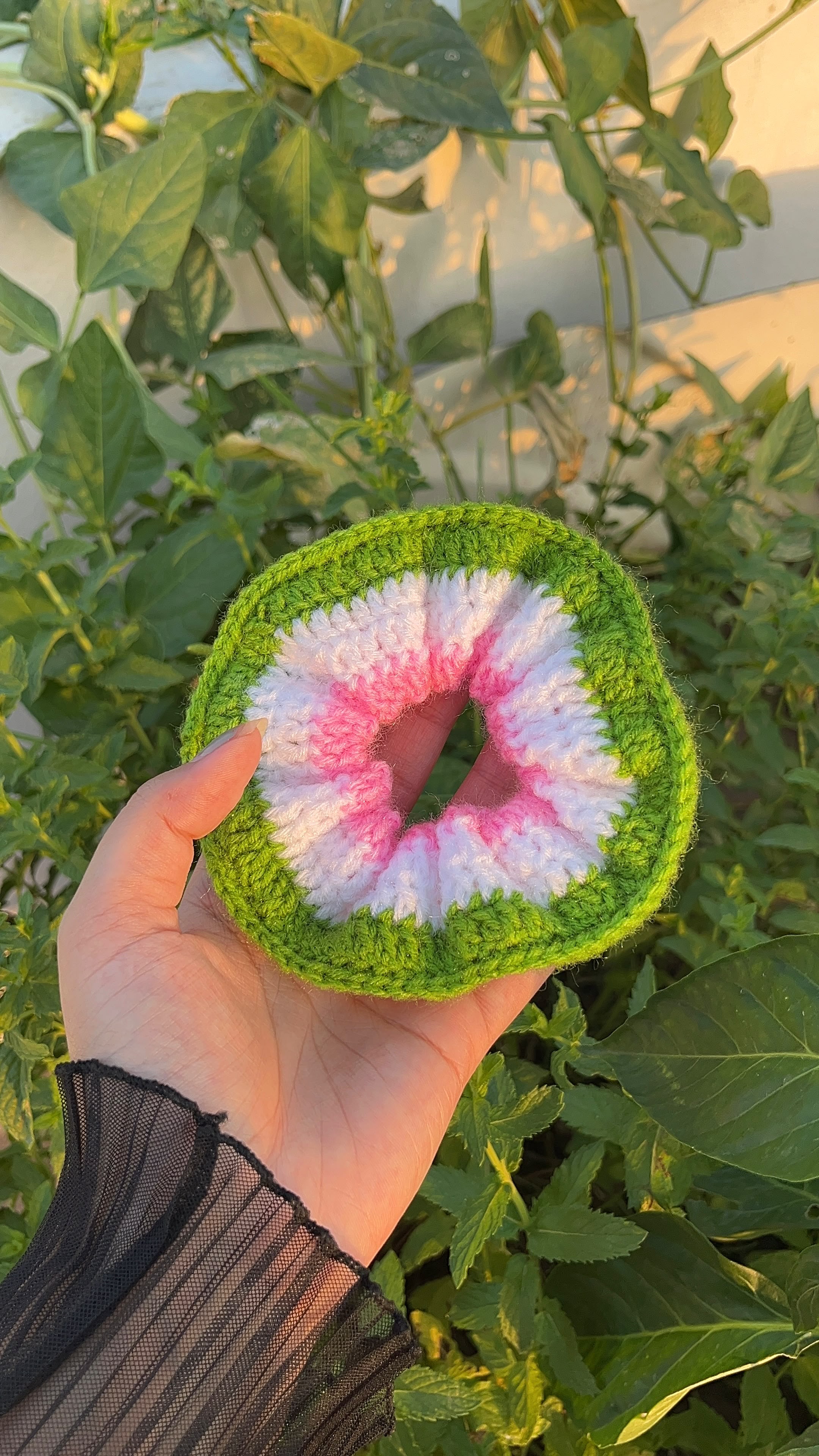 Handmade Kiwi Fruit Crochet Scrunchie – Cute Pink and Green Watermelon / Kiwi Style Hair Accessory – Crochet Hair Tie Gift for Her
