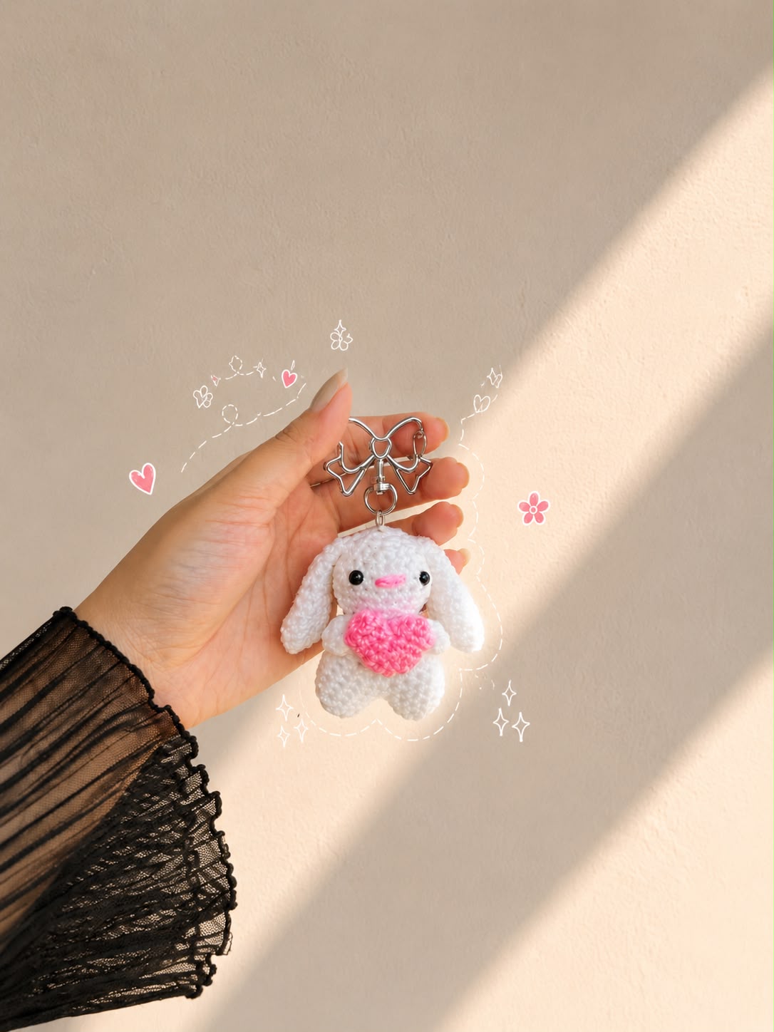 Coquette Crochet Bunny Keychain – Cute White Rabbit Plush Bag Charm with Silver Bow Clasp