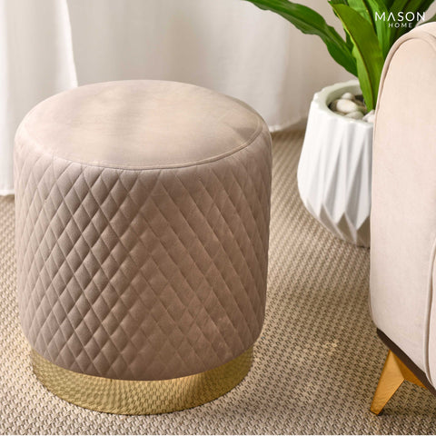 Alexandria Quilted Beige Velvet Pouffe
