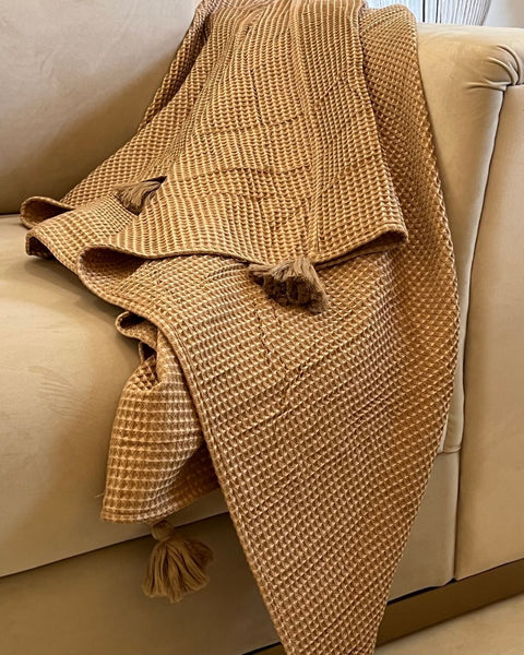 Mocha Honeycomb woven throw with tassels